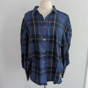 Women's Gretchen Scott Plaid Diva Blouse 18 Blue Tartan Holiday Christmas